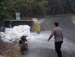 Gagal Menanjak, Truk Muatan 9 Ton Tapioka Terguling di Warungkiara Sukabumi